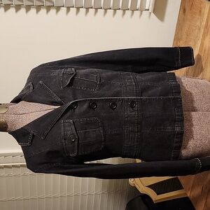 Liz Claiborne Jacket, stretch denim, embroidery on collar, cuffs, back buttons.